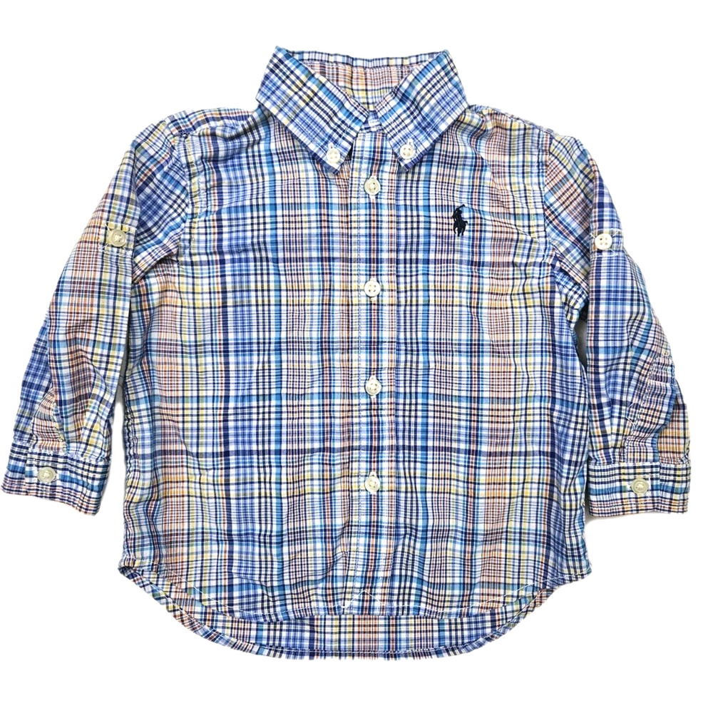 Ralph Lauren Baby Boy 9 Months Short Sleeve Blue Yellow Plaid Button Up Shirt